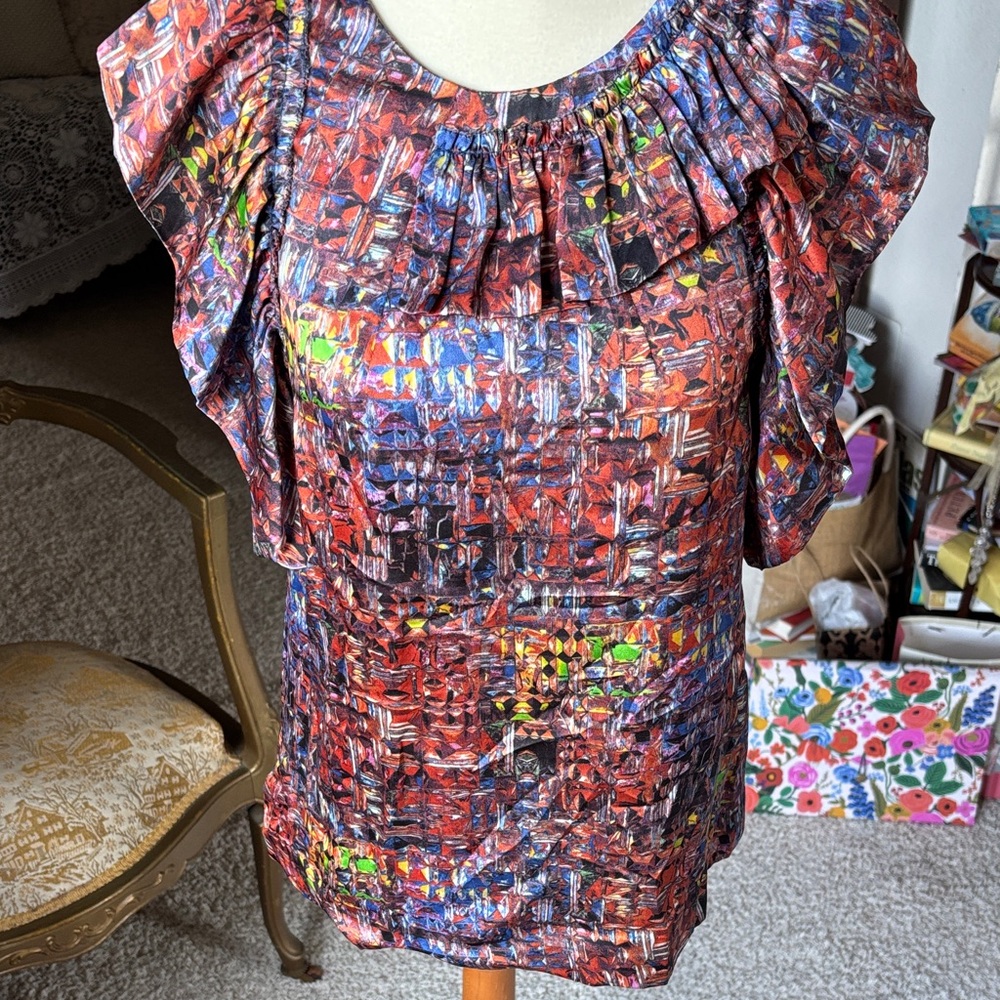 Multicolor Abstract Ruffle Sleeve Silk Blouse Phillip Lim 3.1
